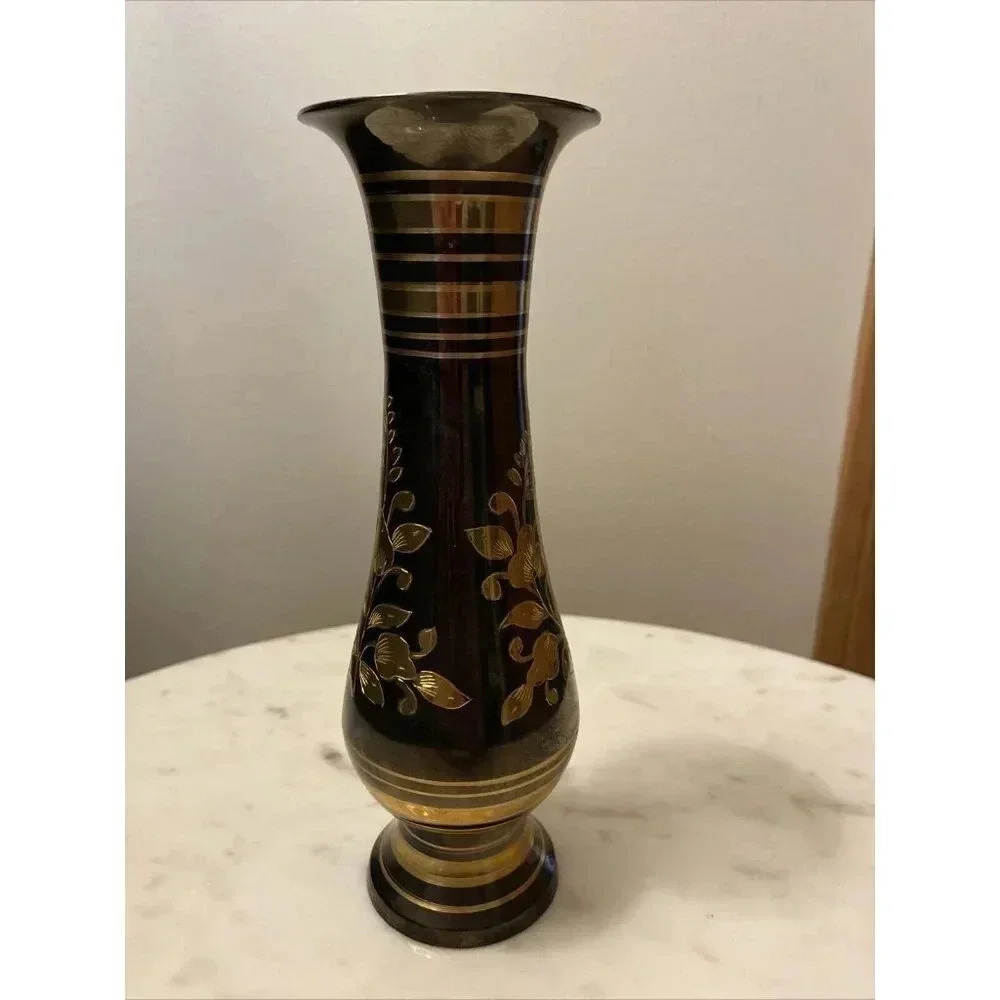 Vintage Solid Etched Brass Handmade Black & Gold Made In India 7.5” Vase - Picture 2 of 6